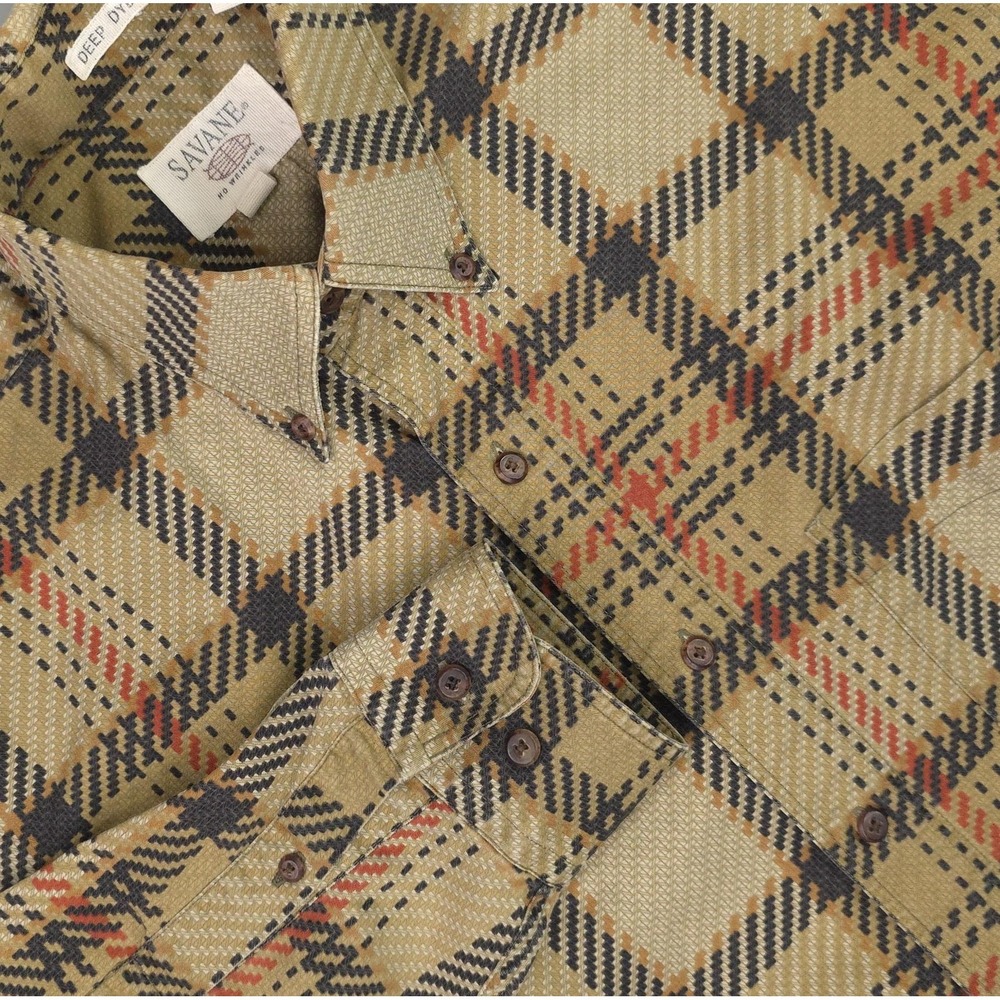 Savane Shirt Mens Medium Beige Plaid Long Sleeve No Wrinkles Deep Dye Twill